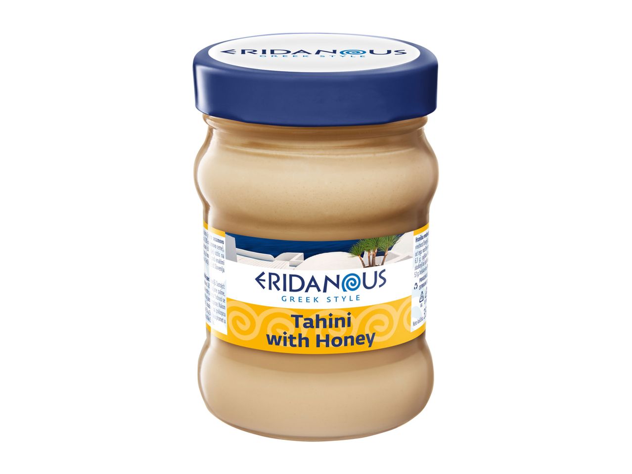 Eridanous Greek Style Tahini with Honey in a glass jar.
