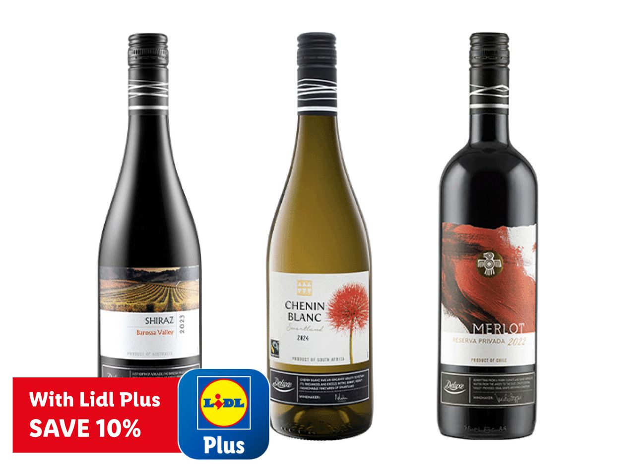 Three bottles of Deluxe wine (Shiraz, Chenin Blanc, Merlot) with a Lidl Plus discount offer.