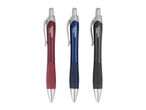 Three ballpoint pens in red, blue, and black with silver accents and textured grips.