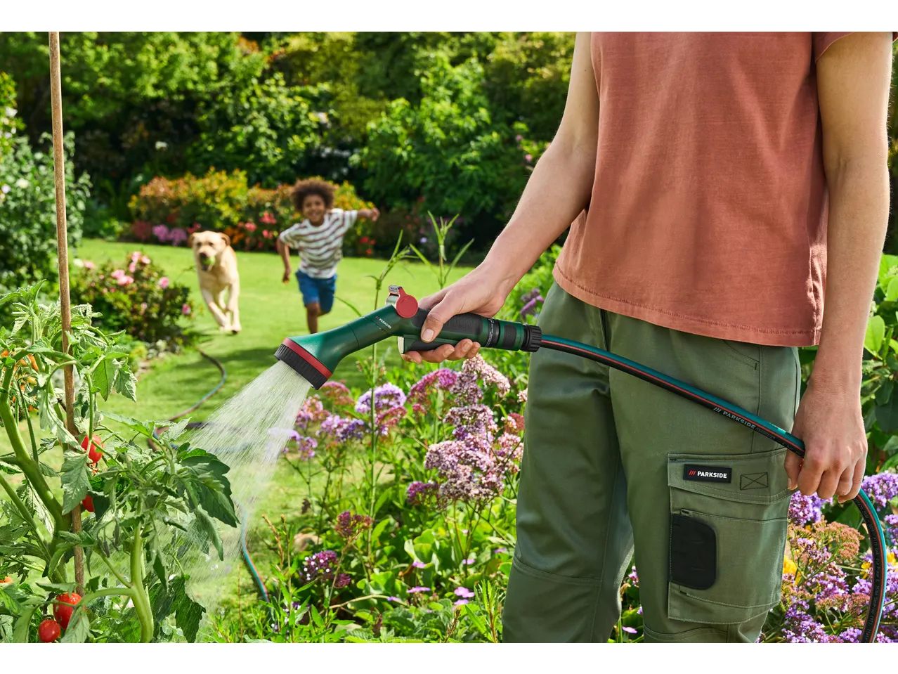 A person watering tomato plants with a garden hose and spray gun, with a child and dog in the background.