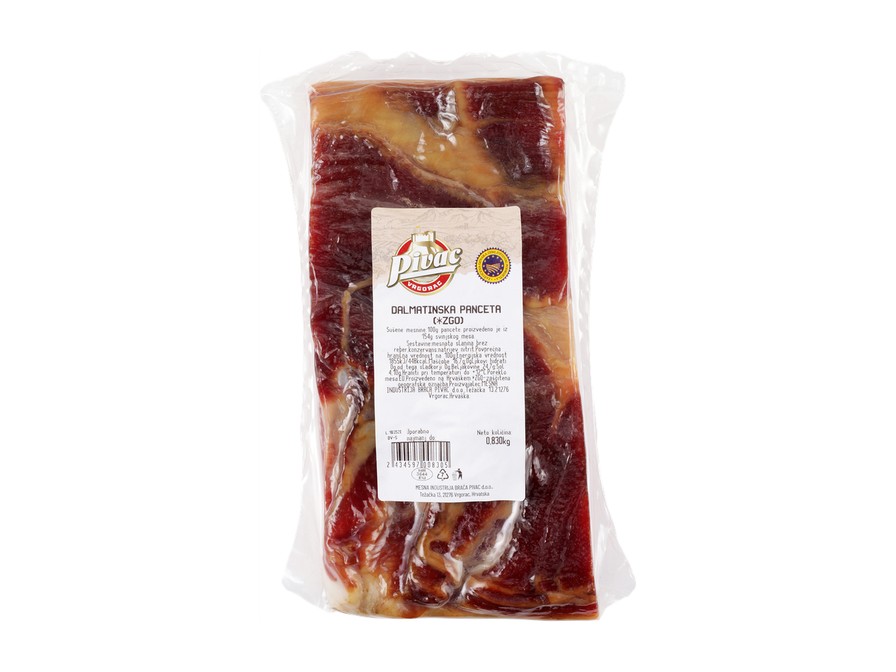 Pakirana dalmatinska panceta Pivac z zaščiteno geografsko označbo.