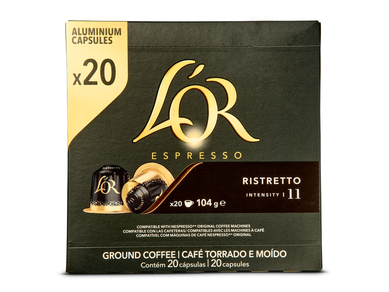 Een verpakking met 20 aluminium espresso capsules, intensiteit 11.