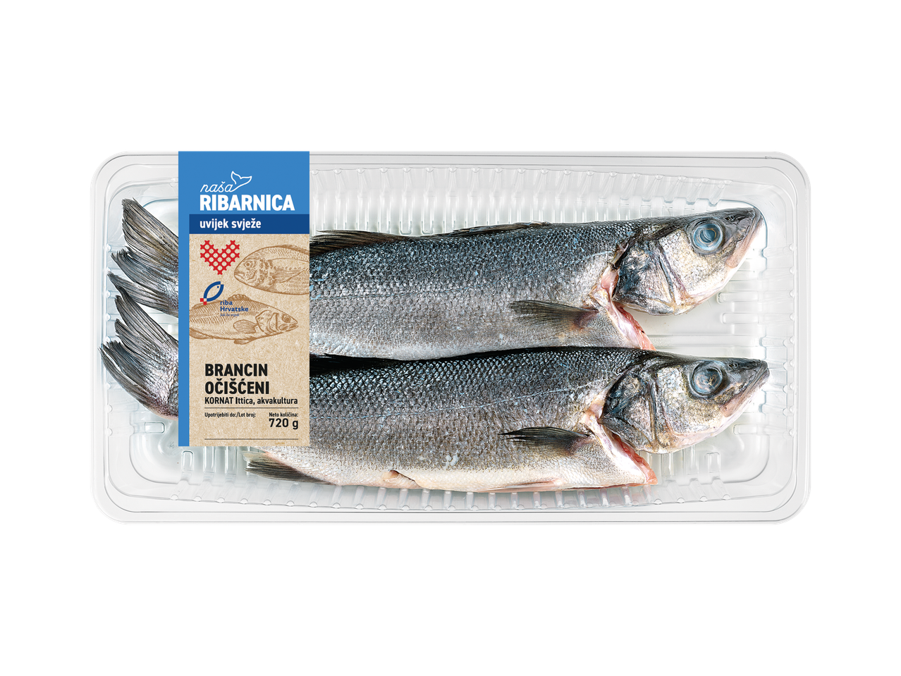 Pakiranje očišćenog brancina 'Naša Ribarnica' s natpisom 'uvijek svježe' i neto težinom 720g.