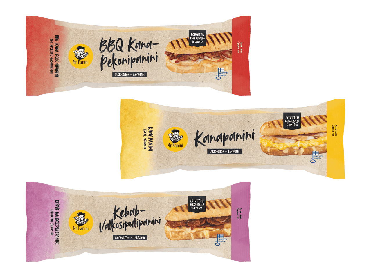 Kolme Mr. Panini -paninia: BBQ kana-pekonipanini, kanapanini ja kebab-valkosipulipanini.