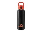 A black Crivit branded water bottle with an orange lid and handle.