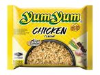 Instant chicken noodles packaging with a bowl of noodles and ingredients.