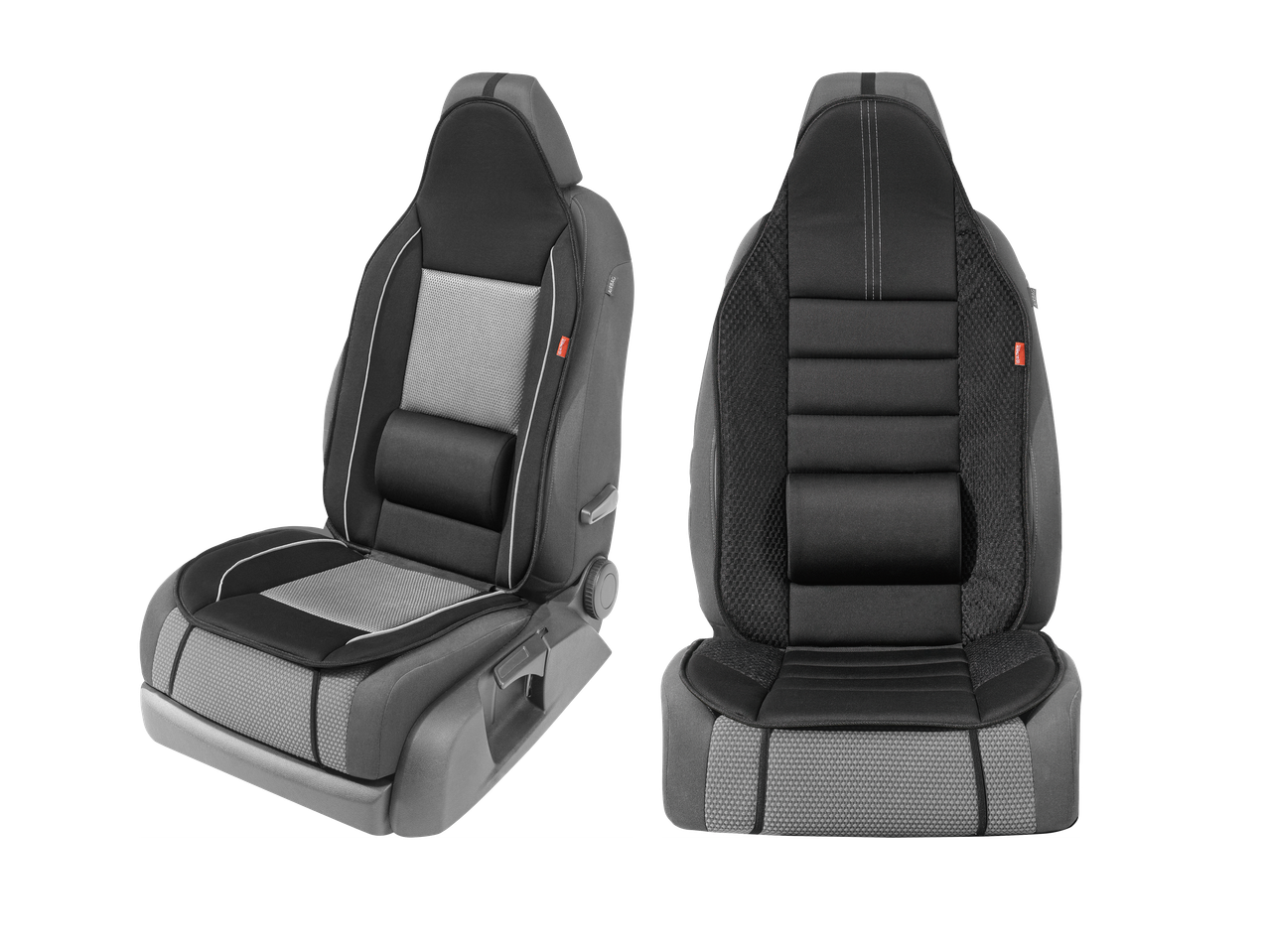 Dva avtomobilska sedeža v črni in sivi barvi, spredaj in zadaj.