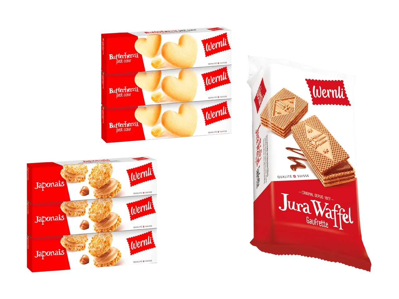 Trois types de biscuits et gaufrettes, incluant des biscuits en forme de cœur et des gaufrettes au chocolat.
