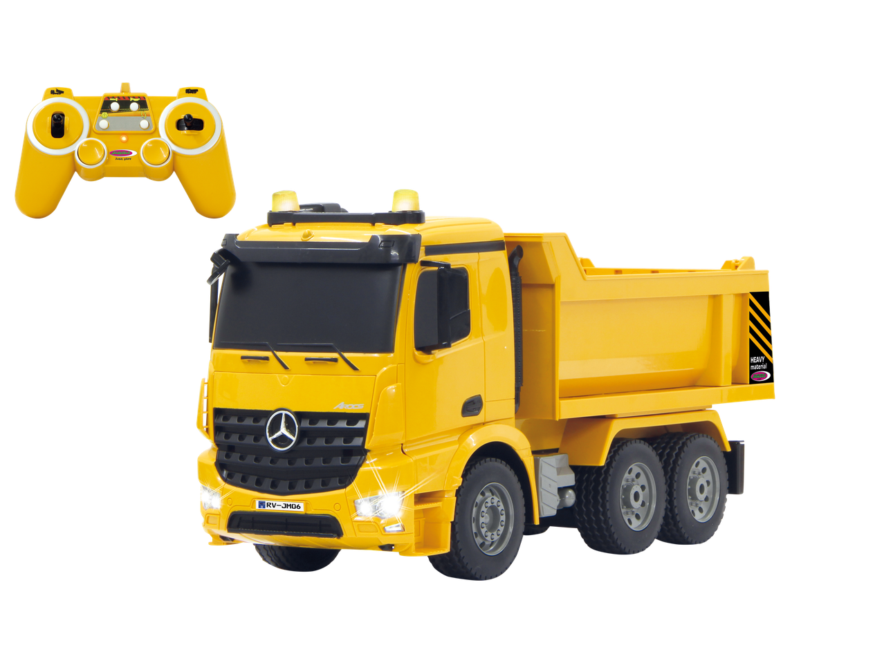 Geltonas nuotoliniu būdu valdomas Mercedes-Benz Arocs savivartis su pulteliu