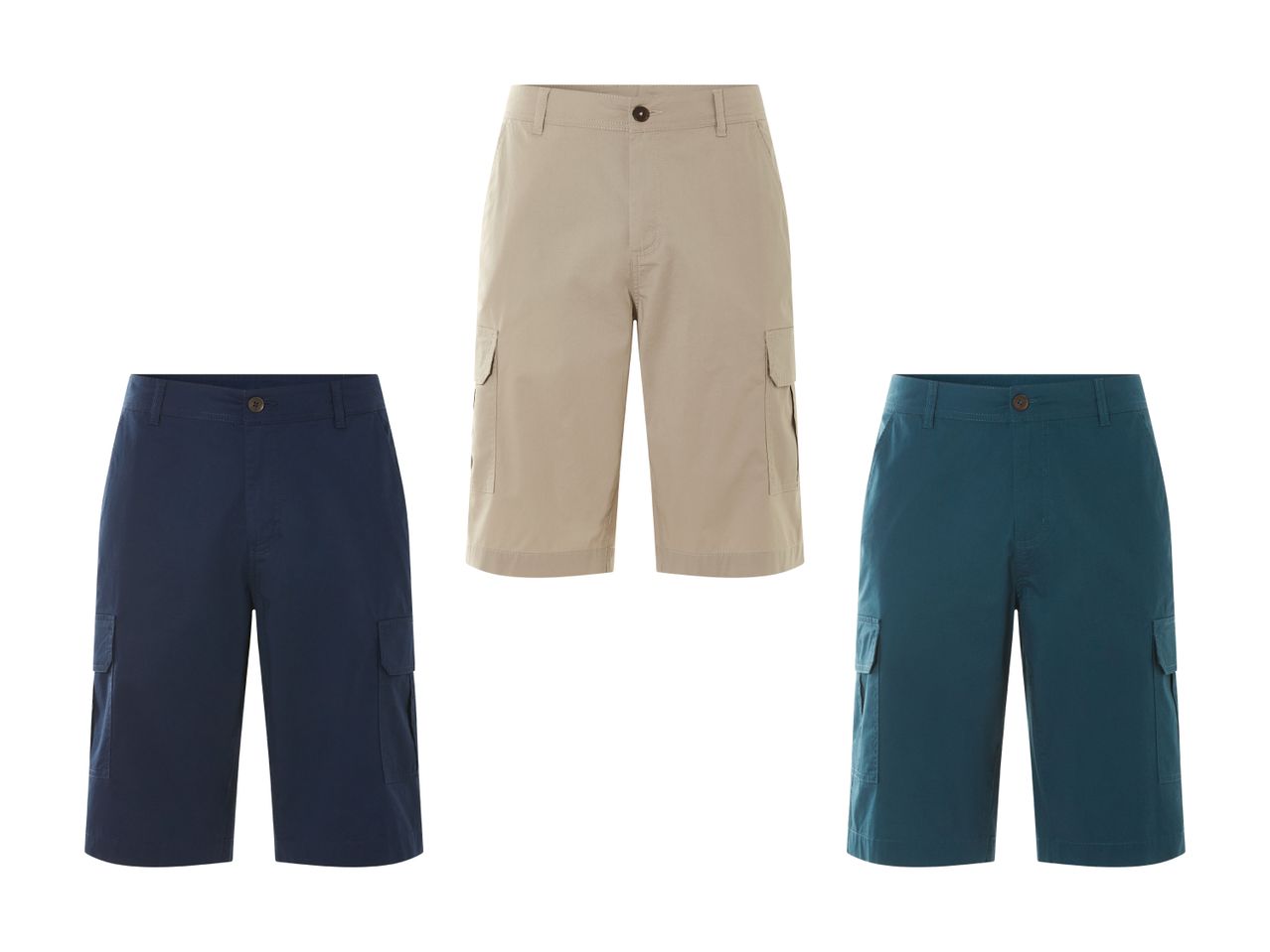 Drei Cargo-Shorts in verschiedenen Farben.