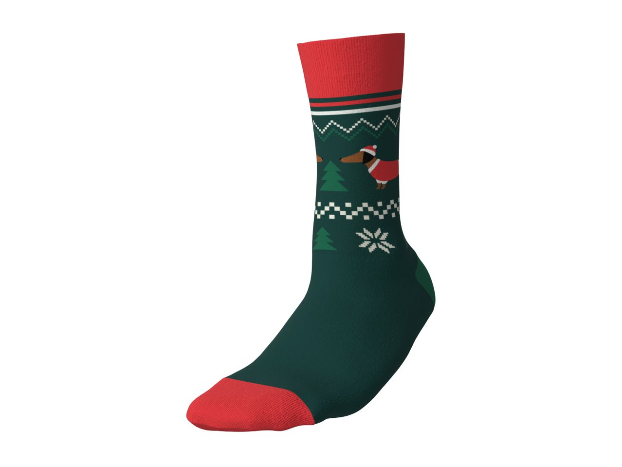 Green Christmas sock with a dachshund pattern, red heel and toe