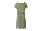 Back view of a women's short-sleeved midi dress in olive green with an elasticated waist.