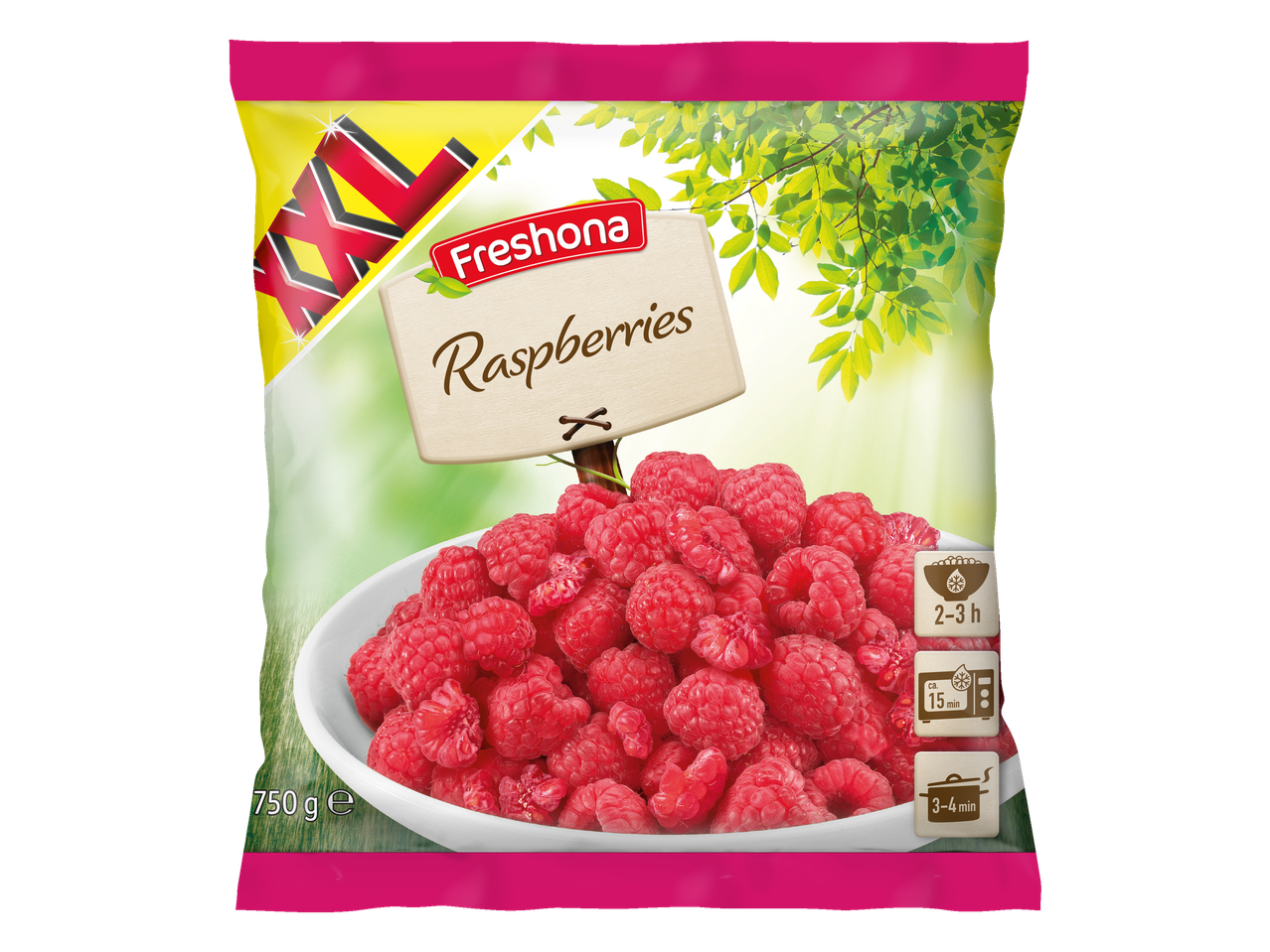Diepvries frambozen van Fresona in een roze en gele zak.