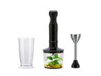 Hand blender set with a measuring cup and ingredients for pesto, including spinach, pine nuts, and cheese.