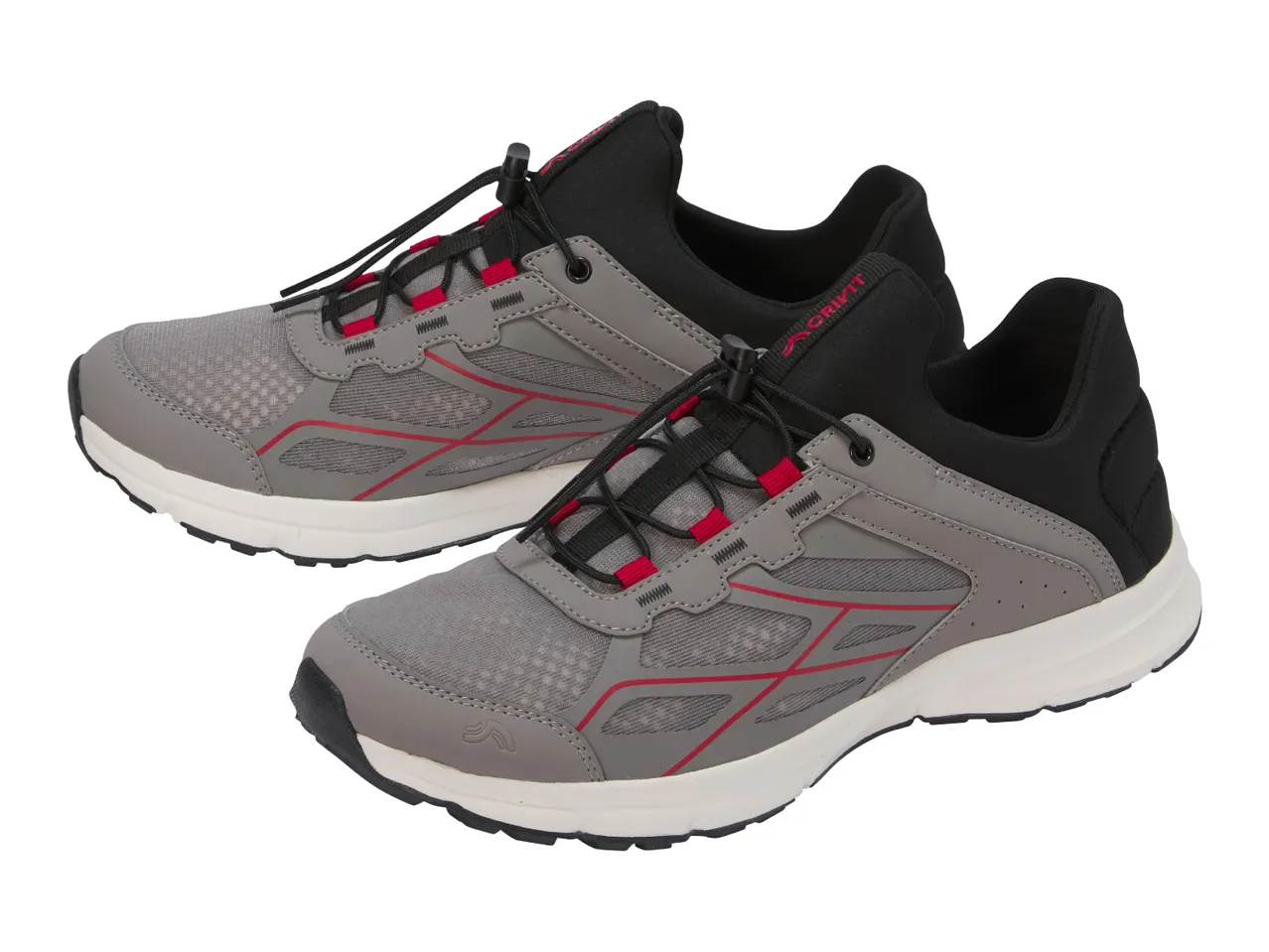 Pair of grey and black athletic shoes with red accents and bungee laces