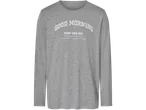 A gray long-sleeved t-shirt with 'GOOD MORNING' and a motivational quote printed on it.