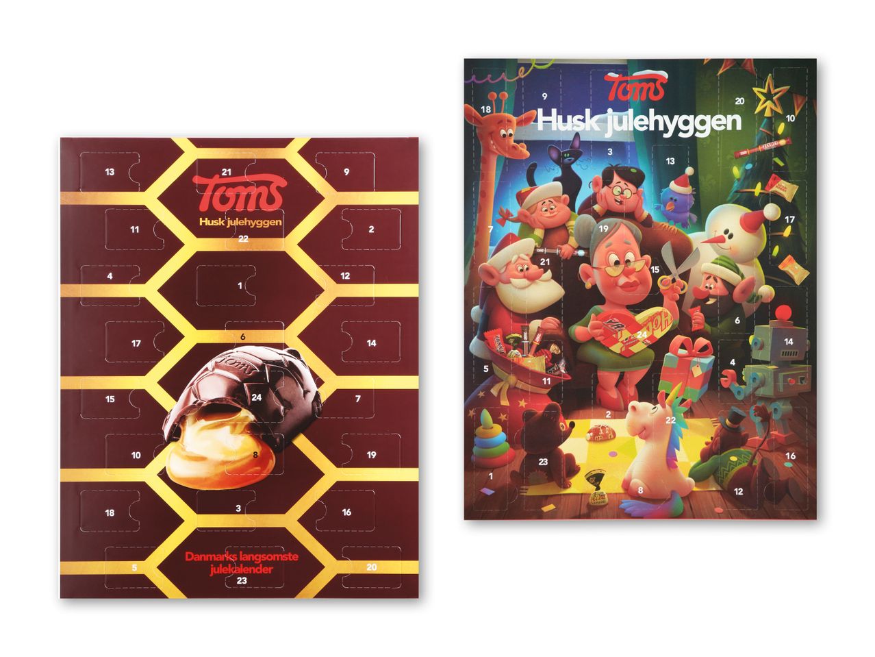 To Toms julekalendere, den ene med et chokoladekaramelstykke og den anden med tegneseriefigurer.