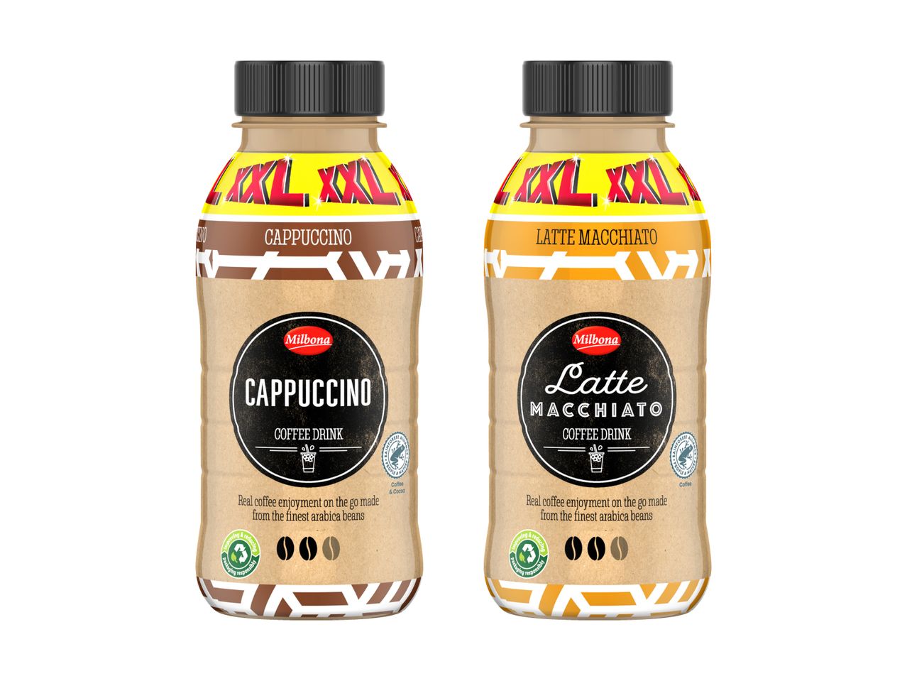 Zwei Milbona XXL Flaschen: Cappuccino und Latte Macchiato.