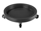 Round black plant caddy with three wheels, one with a brake, on a white background.