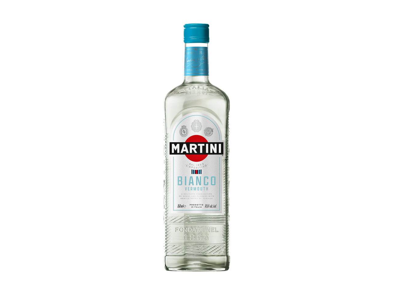 Garrafa de Martini Bianco Vermouth com tampa e rótulo azul claro.