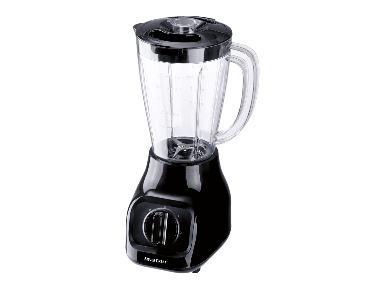 Silvercrest-tehosekoitin mustalla jalustalla ja läpinäkyvällä kannulla