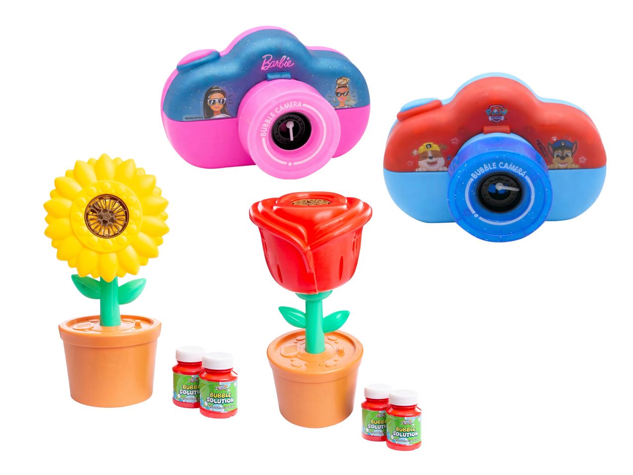 Zwei Spielzeug-Blasenkameras und zwei blumenförmige Seifenblasenmaschinen mit Seifenblasenlösung.