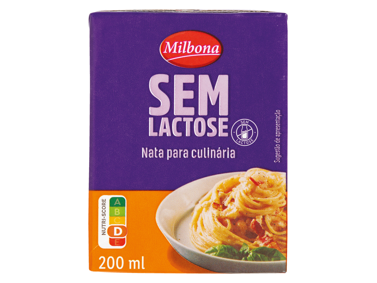 Milbona Nata para Culinária Sem Lactose com Nutri-Score D e sugestão de apresentação com massa.