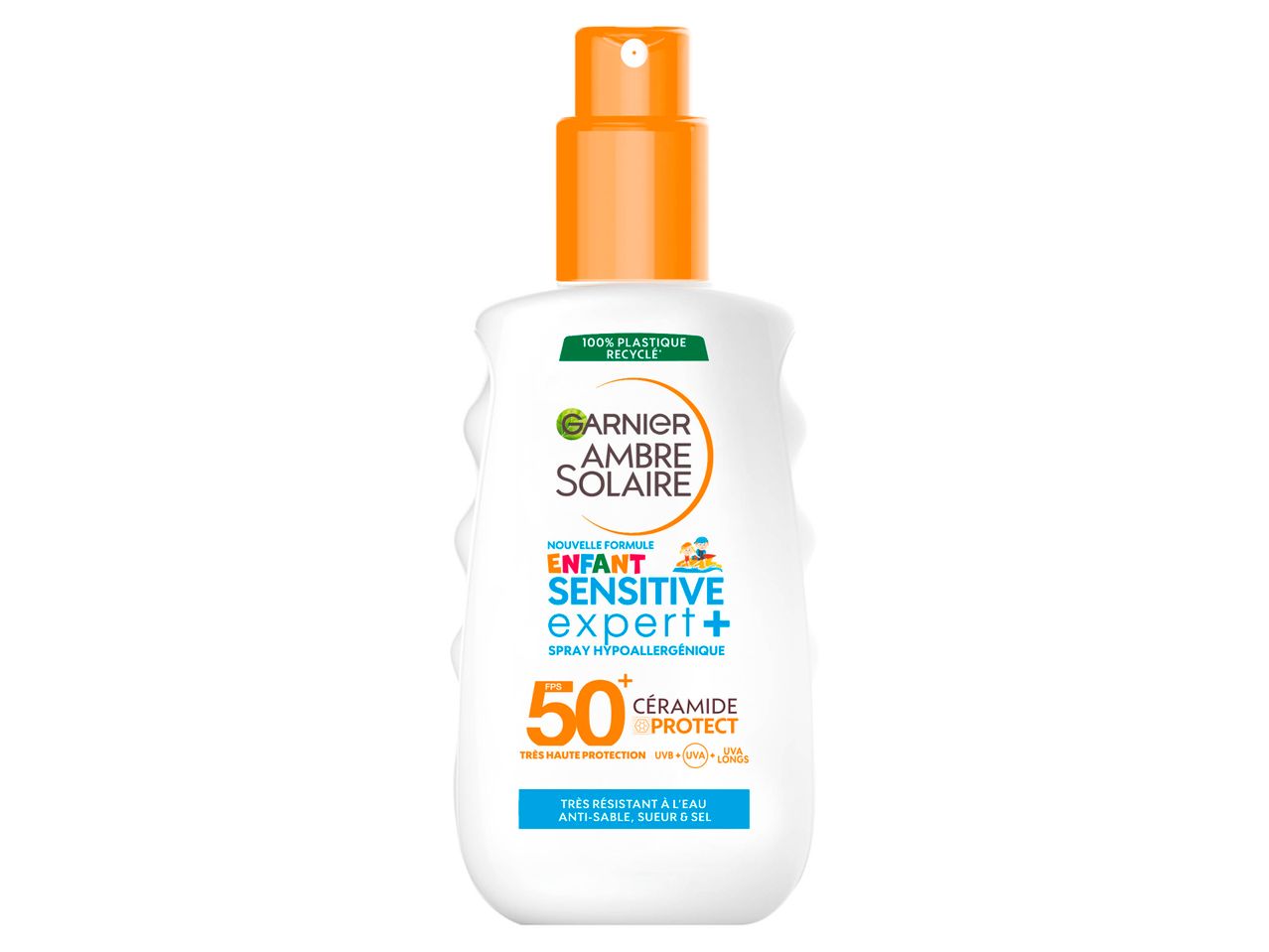Spray solaire Garnier Ambre Solaire enfant SPF 50+ aux céramides.