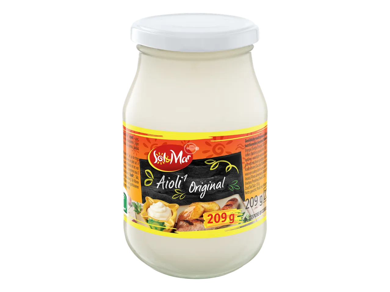 Pot d'aïoli original de 209 g avec des saucisses grillées et des pommes de terre.