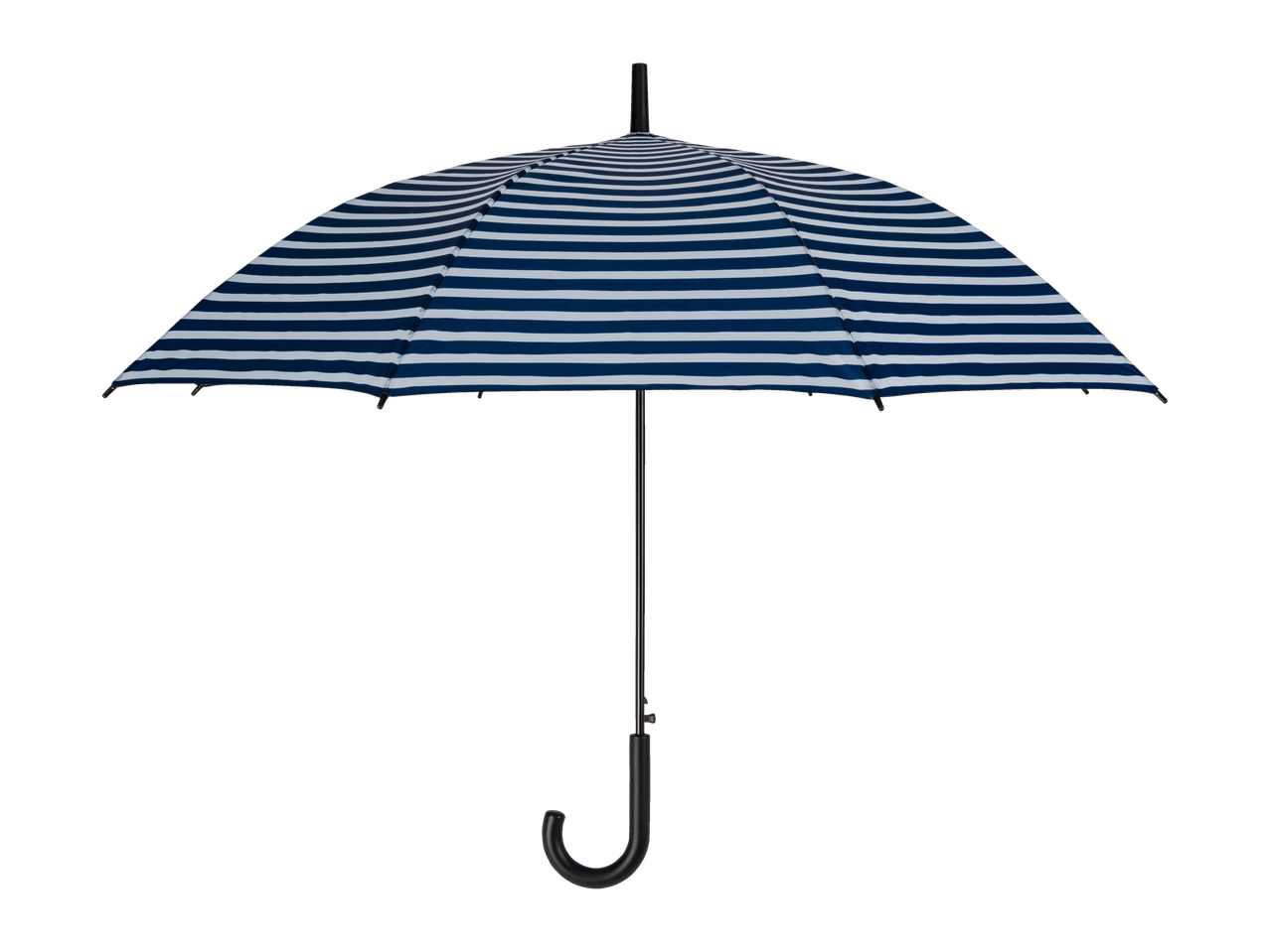 Blue and white striped umbrella with a black handle.