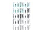 Assortment of plastic clothes pegs in light blue, dark grey, and light grey colors.
