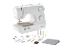 LIVARNO home Sewing Machine with accessories, including thread, bobbins, and fabric.