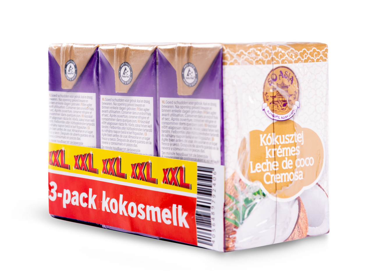 Een 3-pack kokosmelk in kartonnen verpakkingen met XXL-logo.