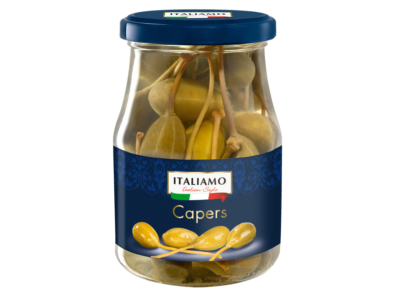 Italiamo prekės ženklo marinuoti kapariai stikliniame indelyje.