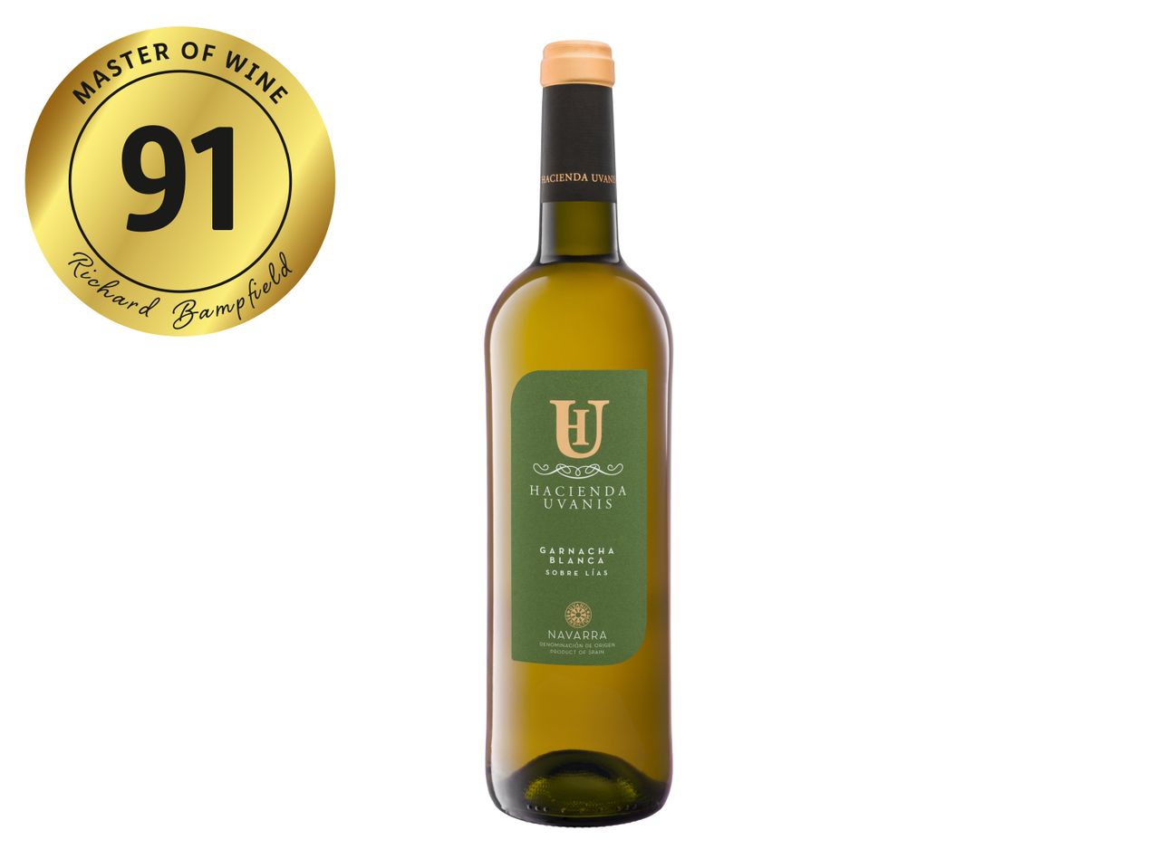 A bottle of Hacienda Uvanis Garnacha Blanca wine with a gold Master of Wine 91-point rating seal.
