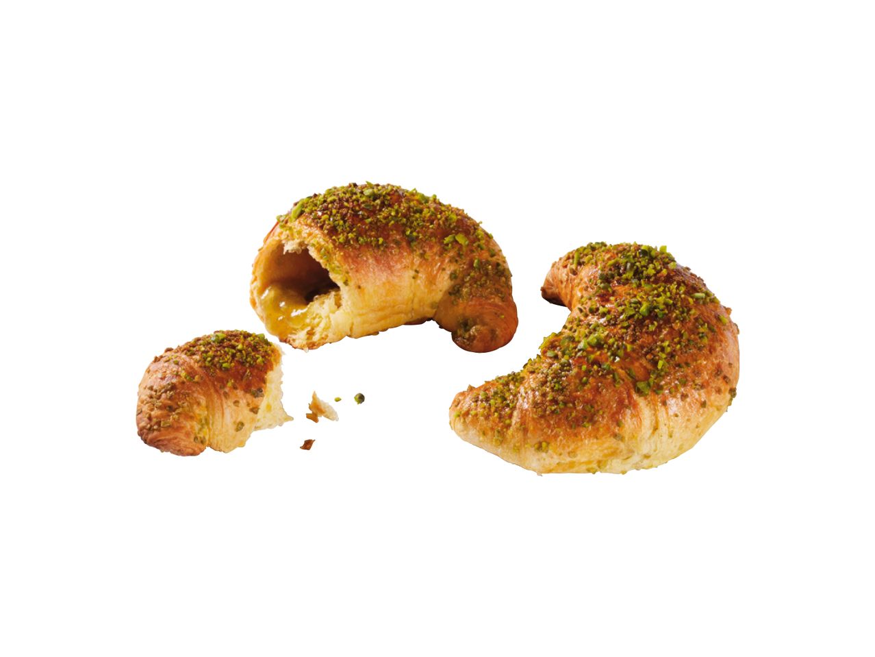 Kroasani sa pistaćima, jedan prelomljen sa vidljivim punjenjem.