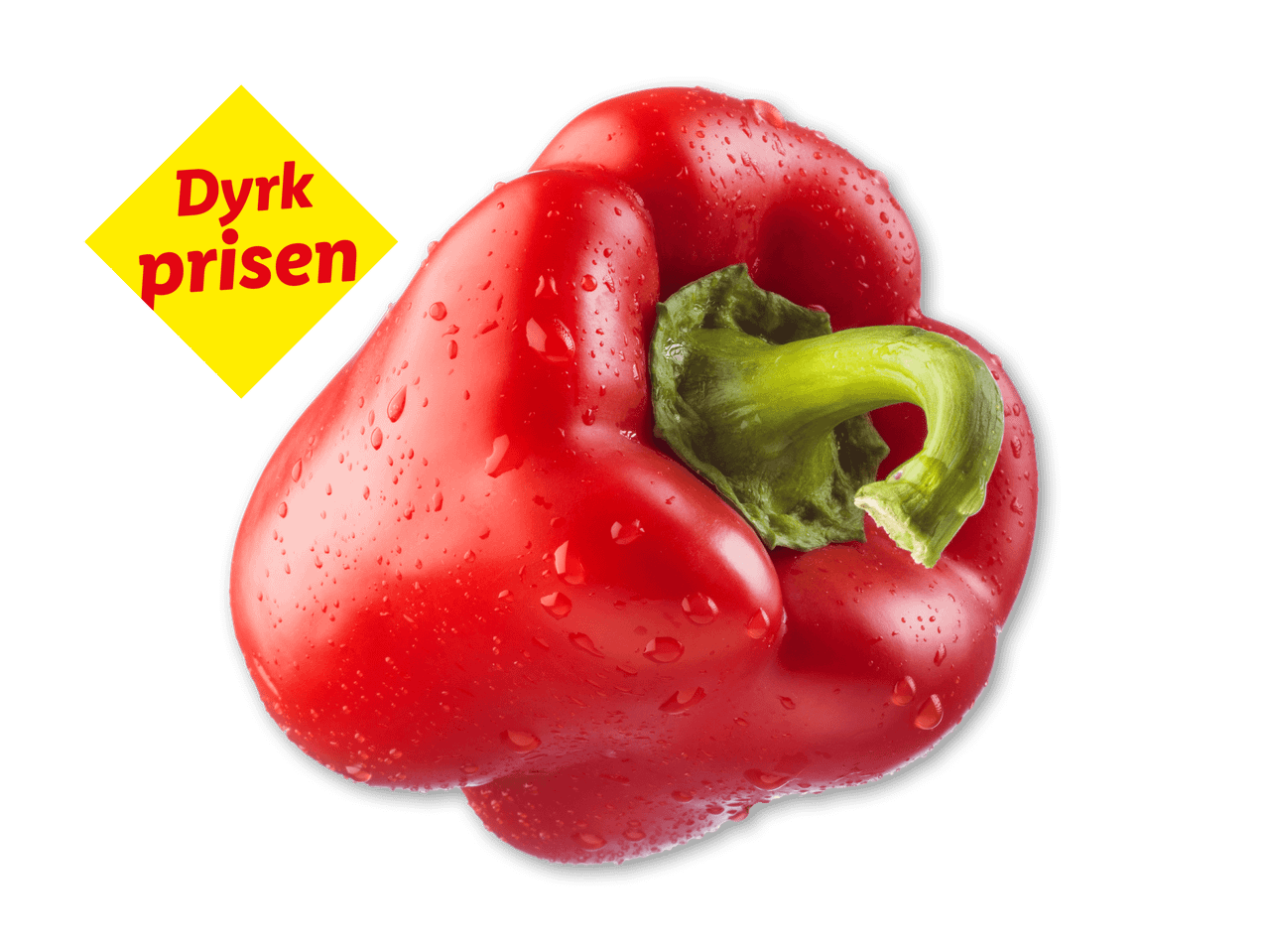 Rød peberfrugt med vanddråber og et gult skilt med teksten 'Dyrk prisen'.