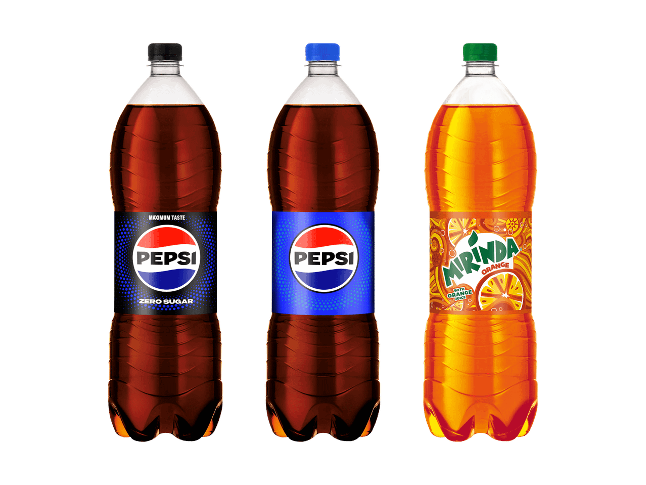 Drei Flaschen Pepsi Zero Sugar, Pepsi und Mirinda Orange auf schwarzem Hintergrund.