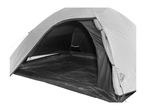 Open grey and black camping tent with a view of its interior and floor.