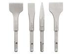 Four demolition chisels with SDS-plus shanks, including flat and point chisels.