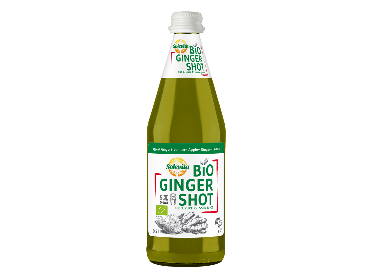 Solevita Bio Ginger Shot üveg palack, 5 x 100 ml, 100% préselt gyümölcslé.
