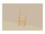 Bamboo ladder shelf with three slatted shelves against a beige wall.