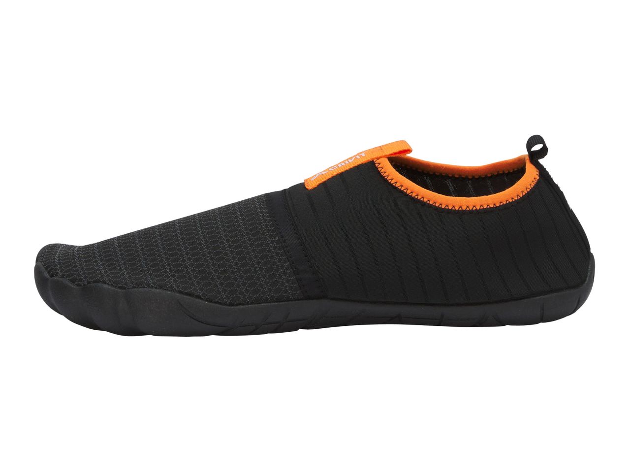 Black and orange water shoe with textured fabric and pull tab.