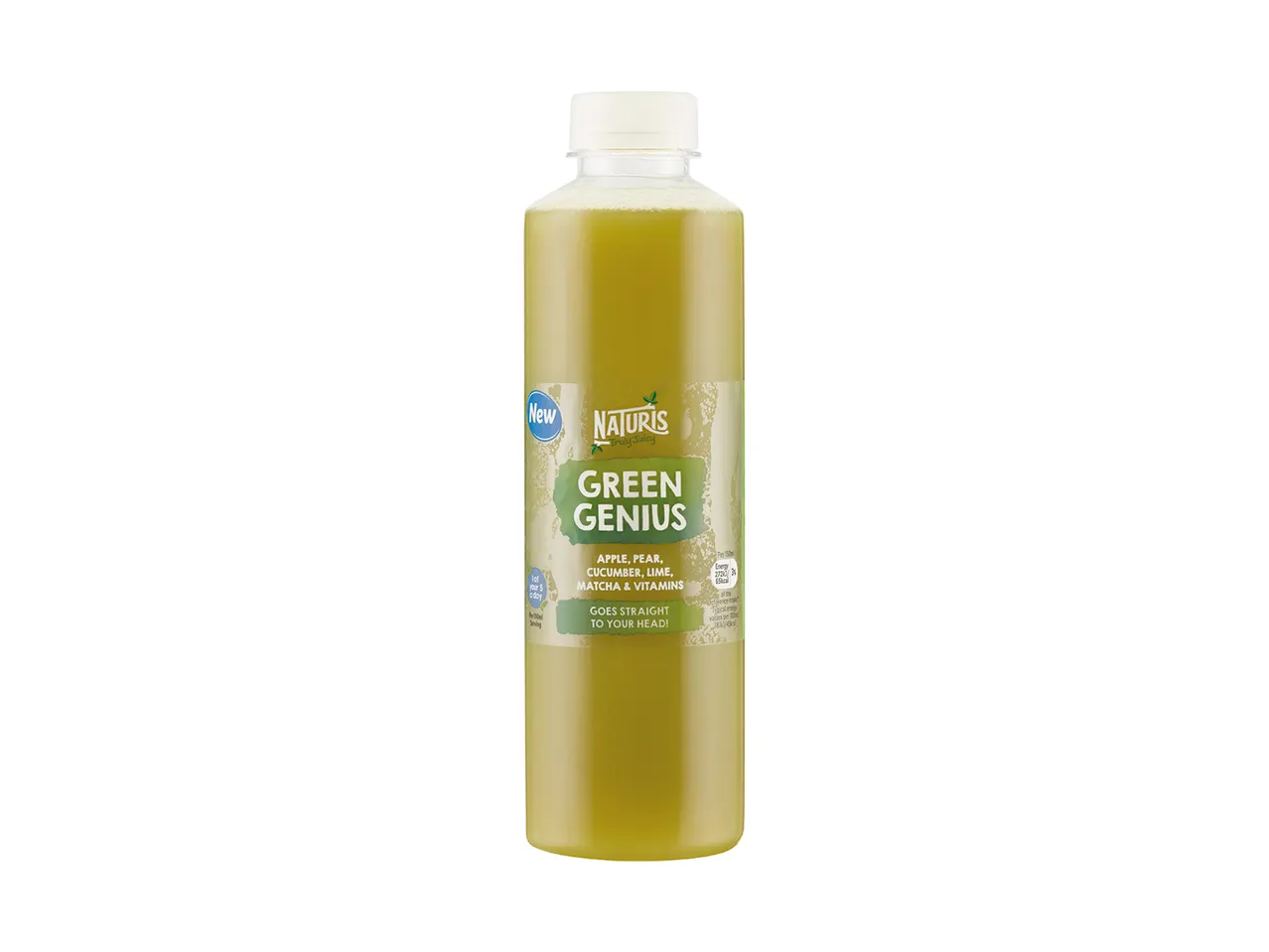 Naturi's Green Genius juice: apple, pear, cucumber, lime, matcha & vitamins.