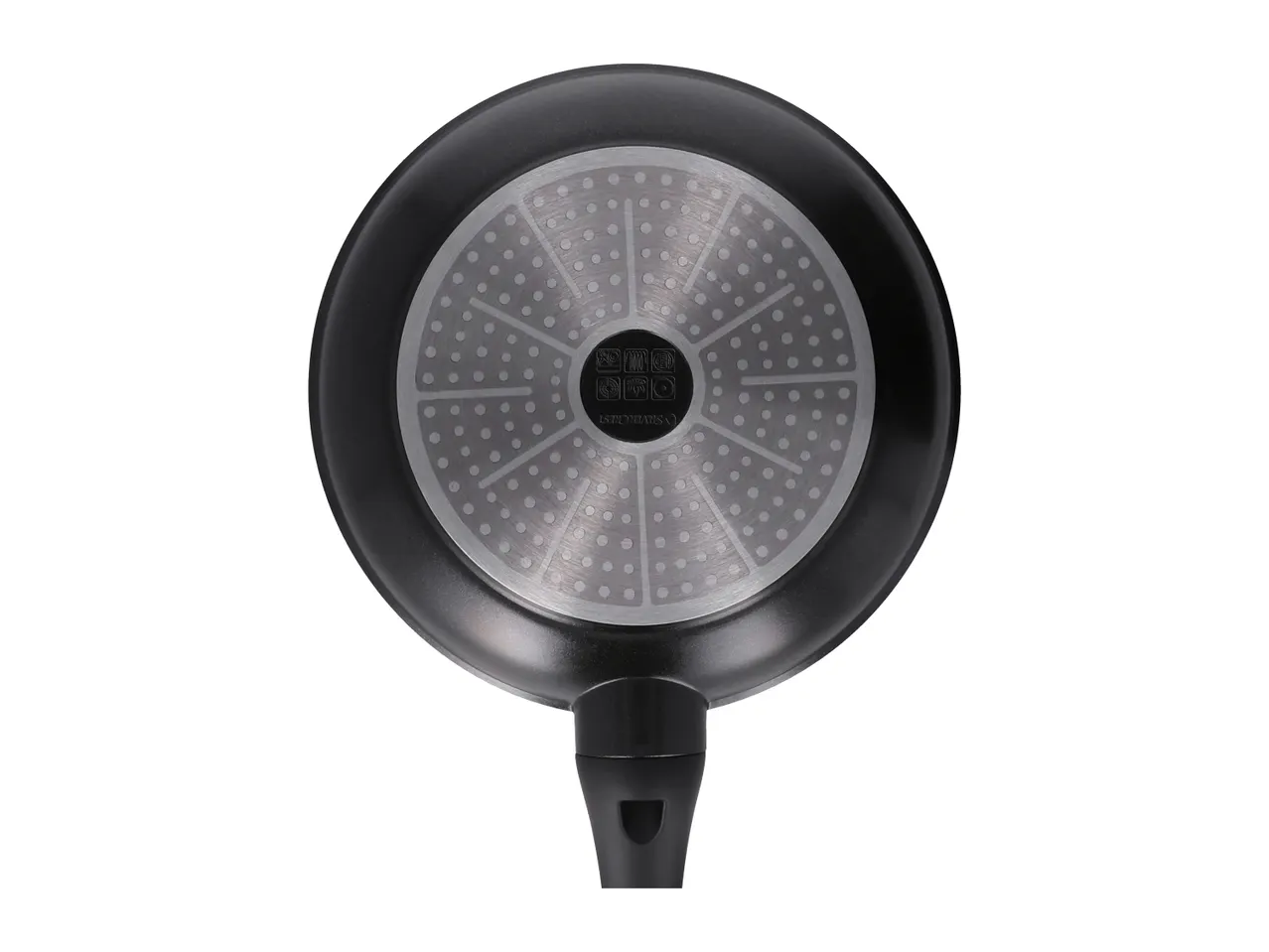 Bottom view of a black frying pan with a silver-colored induction base and a black handle.