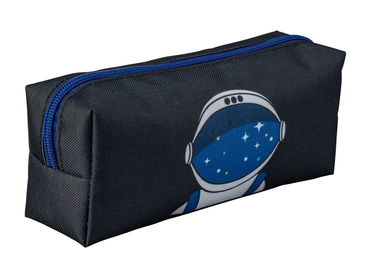 Black pencil case with a blue zipper and an astronaut helmet design featuring stars.