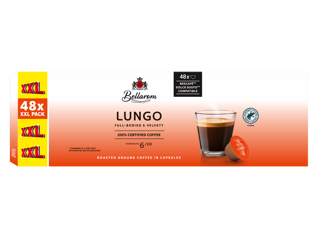 48 cápsulas de café Bellarom Lungo, compatíveis com Nescafé Dolce Gusto.