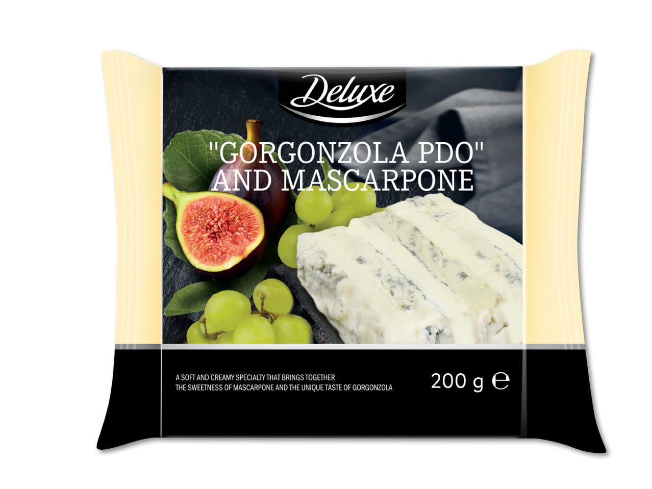 Deluxe Gorgonzola PDO ja Mascarpone juust 200g pakendis, viigimarjade ja viinamarjadega.
