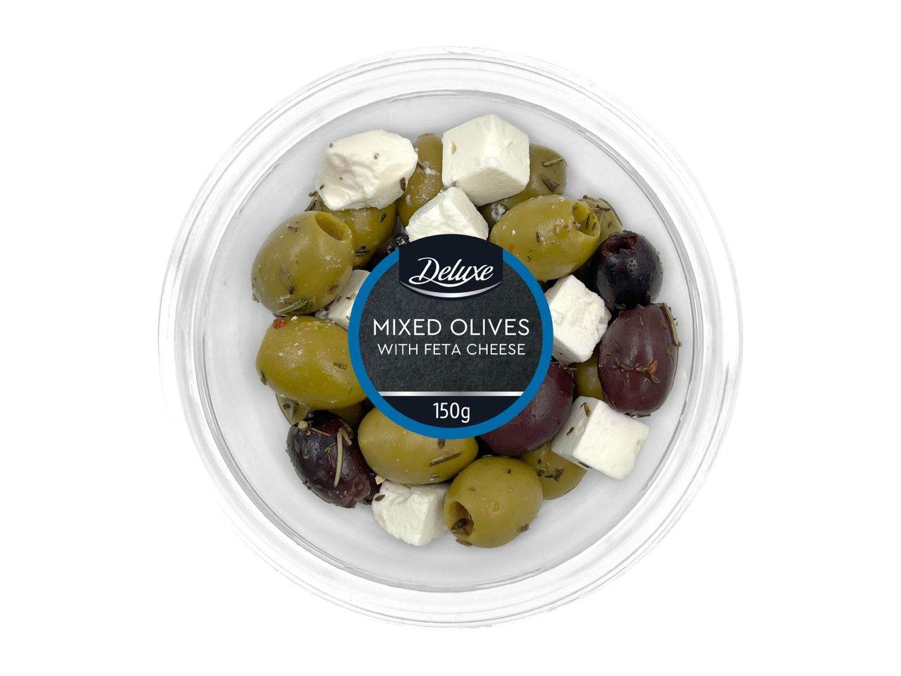 Mixed olives with feta cheese in a clear round container, 150g.