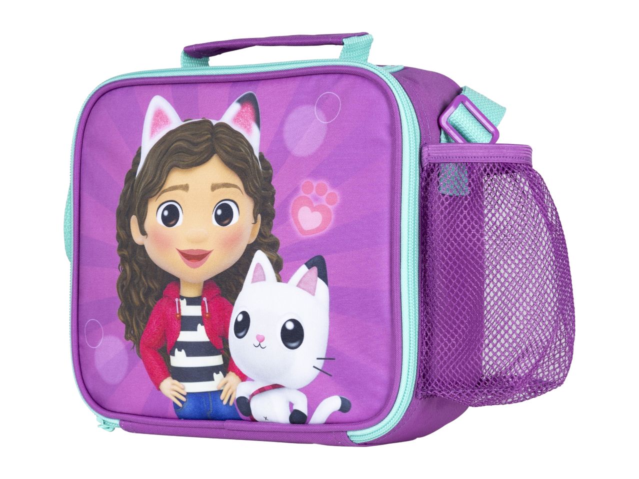 Purple lunch bag with a cartoon girl wearing cat ears and a white cat character.